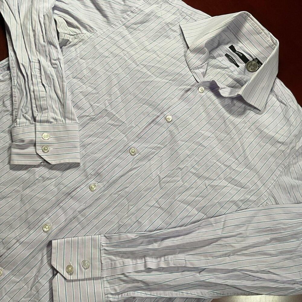Mens Hugo Boss Purple Blue Pinstripe Regular Fit Long Sleeve Dress Shirt (Large)
